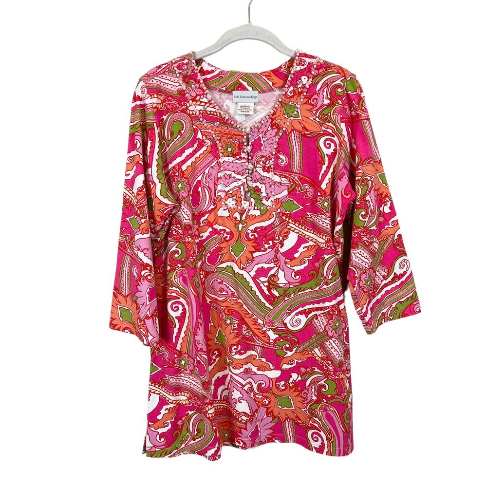 Soft Surroundings Beaded Tunic Top Pink Paisley Women's L